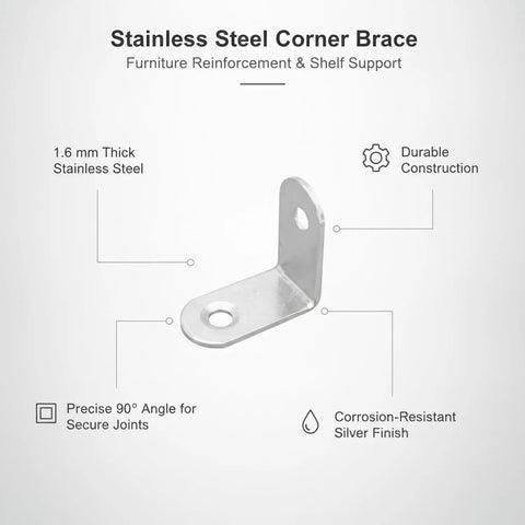 Beefy Heavy Duty 90 Degree L Bracket Stainless Steel Corner Brace for Furniture Reinforcement 1.6mm Thick Silver Finish