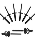 Top Shelf Heavy Duty Tri Fold Exploding Aluminum Pop Blind Rivets With Large Head Built Like A Tank For Auto Marine And Furniture Assembly 50 Piece Black Set 3 16 Inch displayed in a group of seven rivets.