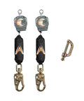 Heavy Duty Six Foot Dual Self Retracting Lifeline With Steel Snap Hook For Construction Fall Protection Harness Tie Off Badass Osha Ansi Certified Built Like A Tank showing two SRLs and a steel connector.
