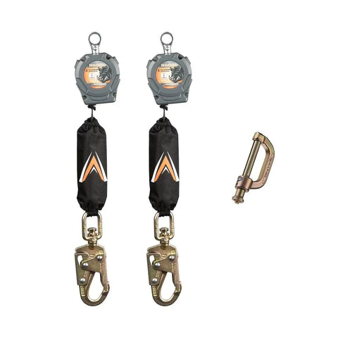 Heavy Duty Six Foot Dual Self Retracting Lifeline With Steel Snap Hook For Construction Fall Protection Harness Tie Off Badass Osha Ansi Certified Built Like A Tank showing two SRLs and a steel connector.