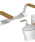 Heavy Duty Toilet Safety Rail For Seniors Featuring Slick Flip Up Wooden Armrest With Non Slip Grip and Rust Resistant Finish.