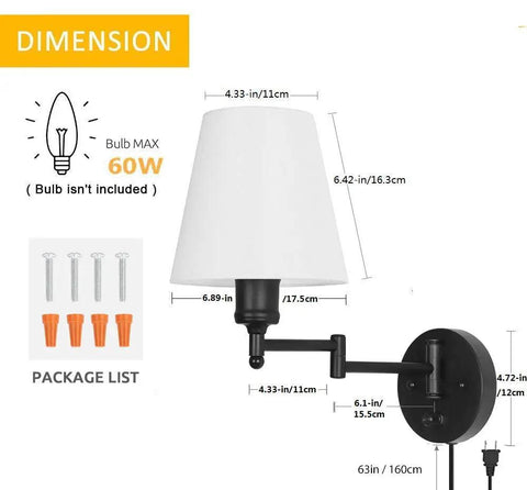 Adjustable Swing Arm Wall Sconce Set Of 2 With White Shade And Black Metal Modern Plug In Or Hardwire Wall Lamps dimensions