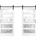 Double Barn Door Set 42 Inch By 84 Inch Frosted Glass Panels With Five Lattice Grids DIY Interior Doors For Home Space Saving Living Room Doors Easy Install With Hardware Kit Included.