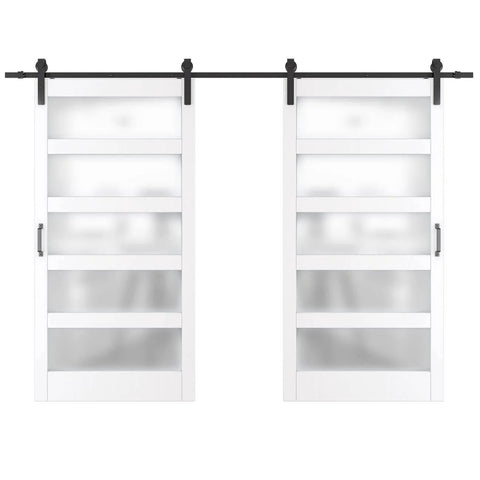 Double Barn Door Set 42 Inch By 84 Inch Frosted Glass Panels With Five Lattice Grids DIY Interior Doors For Home Space Saving Living Room Doors Easy Install With Hardware Kit Included.