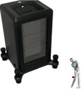 Square Golf Launch Monitor Case With Carbon Fiber Reinforced Shell next to golfer for size comparison.