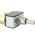 Side view of Grasshopper mower toggle switch 2P DT 2-Pos with threaded mounting and gold blade terminals