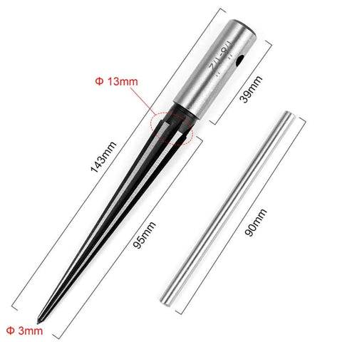 Bridge Pin Hole Reamer, Tapered 5 Degree, Six Flute Luthier Tool for Acoustic Guitars with soft vinyl handle grips, measurements shown