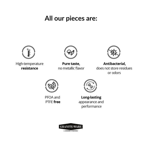 Image showing features of Oval 13 Inch Roaster With Lid Enameled Steel Pan, including high-temperature resistance and antibacterial qualities.