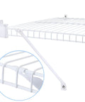 Heavy Duty Wire Shelf Support Brackets Kit For Closets Featuring Solid Metal Bars Wire Shelving Clips Corner Mounts And Screws close-up of white wire shelf with support brackets
