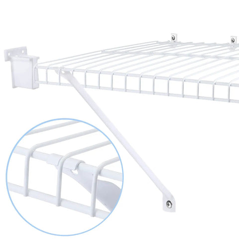 Heavy Duty Wire Shelf Support Brackets Kit For Closets Featuring Solid Metal Bars Wire Shelving Clips Corner Mounts And Screws close-up of white wire shelf with support brackets