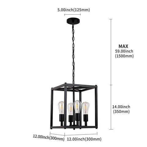 Four Light Black Farmhouse Pendant Chandelier For Entryway Hallway And Dining Room, Industrial Mid Century Ceiling Light Fixture With E26 Base, Dimmable With Compatible Dimmer Bulbs, dimensions shown