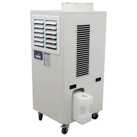 Straight Up Heavy Duty Mobile Spot Cooler Powers Down Heat With 20400 Btu Of Serious Cooling Capability Including A Generous 14 Liter Water Tank And Adjustable Nozzle For Commercial Outdoor Use, showcasing rear view, stainless steel design, and caster wheels.