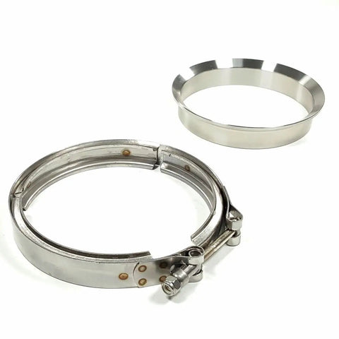 5 Inch Exhaust V Band Flange Clamp Kit For S400 Series Turbos SXE S475 S480 S463 S467 SX Turbo With T6 Flange Beveled Face Turbine Exit Clamp Set Built Tough For High Performance Builds, stainless steel rings and clamp