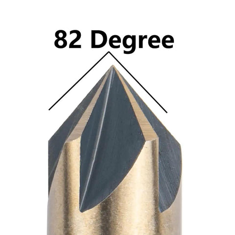 Close-up of 82 degree point on Workhorse Pro Grade Cobalt Countersink Drill Bits Set 5 Piece With M35 HSS Co 82 Degree Five Flutes.