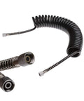 Heavy Duty Flexible Polyurethane Recoil Air Hose Featuring Automatic Snap Back Retrieval And Rock Solid Kink Resistant Build For Hassle Free High Flow Pneumatic Air Delivery In Any Workshop Setup, showing coiled structure and connectors.
