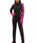 Person wearing Go Kart Racing Suit with Water Resistant Digital Print in black and pink, designed for all ages, showcasing full front view.