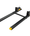 Clamp On Pallet Forks For Loaders And Skid Steers, 4000 Lb Capacity, 60 Inch Built Tough Forks With Adjustable Stabilizer Bar, Tractor Bucket Forks For Loader Bucket, Durable Square Tubing Construction, shown in a front view.