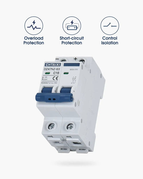 Dc Miniature Circuit Breaker 2 Pole 600V 20 Amp Isolator for Solar PV System With Heavy Duty Thermal Magnetic Trip And Arc Extinguishing DC Disconnect Switch DIN Rail Mount C20
