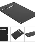 Six Hole Guitar Back Plate for Electric Guitars, Durable Plastic Rear Cover Plate Cavity Shield, side and top views in black.