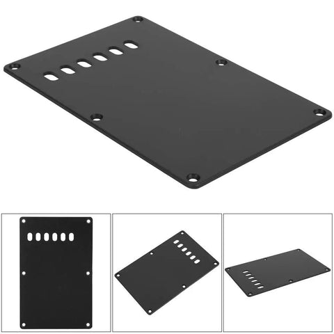 Six Hole Guitar Back Plate for Electric Guitars, Durable Plastic Rear Cover Plate Cavity Shield, side and top views in black.