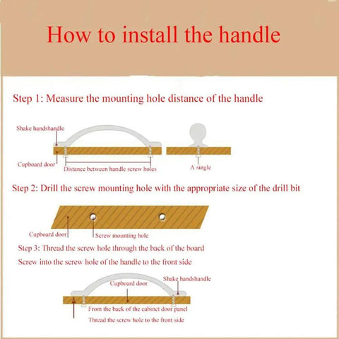 Diagram showing installation steps for Six Pack Dope Oil Rubbed Bronze Drop Ring Cabinet Handles on a cupboard.