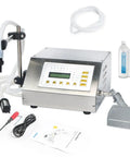 Commercial Grade Digital Liquid Filling Machine And Precision Bottle Pump With Sharp Digital Readout For Beverages And Water 5Ml To 3500Ml Range displayed with tubing and accessories.