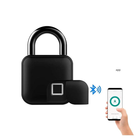 Lock Down Your Gear With This 10 Pack Smart Fingerprint Padlock Set Built Tough For Waterproof Keyless Entry On Suitcases Gym Lockers And Front Doors. Image of a black fingerprint padlock with smartphone app access.
