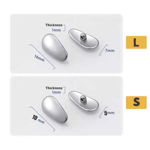 Premium Screw On Titanium Glasses Nose Pads No Sweat Anti Slip Bridge Piece That Absolutely Stays Put Ergonomic Shape Keeps Frames Snug All Day Silver Two Pack L and S size with measurements shown.