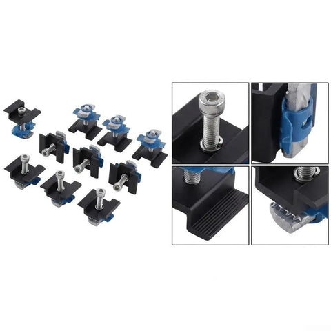 Badass 10 PC Aluminum Solar Clamping Block Kit With Stainless Steel Hardware featuring clamps for solar panel installation.