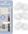 Snaps Right On Eva Foam Door Pinch Guards And Slam Blockers Six Pack shown on packaging and four white bumpers for child safety.