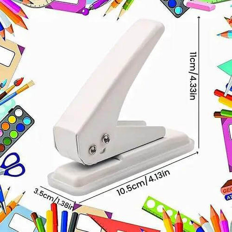 White single hole punch with measurements; ideal for crafts alongside colorful paper, scissors, paint and stationery.