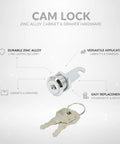 Cam Lock Replacement For Filing Cabinets And Drawers Zinc Alloy Cam Silver Finish with keys against text background