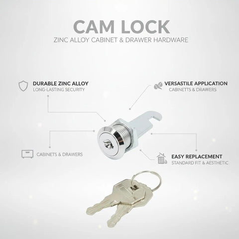 Cam Lock Replacement For Filing Cabinets And Drawers Zinc Alloy Cam Silver Finish with keys against text background