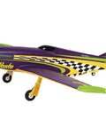 Side view of 6 Channel RC Plane For Adults With 1100mm Wingspan P51 Mustang Voodoo Hobby RC Plane PNP in purple and green.