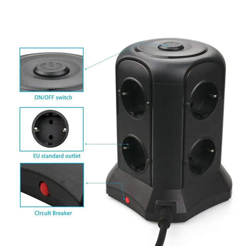 Super Slick Smart Tower Power Strip With Six Euro Outlets And Fast Usb Charging Ports Auto Surge Protector showing ON/OFF switch and circuit breaker.