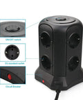 Straight Up Game Changer Smart Vertical Power Strip Surge Protector With Six Eu Sockets And Four Auto Detect USB Ports Space Saving Tower Design showing ON/OFF switch and circuit breaker.