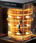 Heavy Duty 12 Tier Stainless Steel Food Dehydrator With Digital Timer And Precise Temperature Controls showing illuminated drying racks.