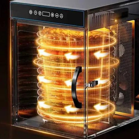 Clear front view of 12 Tray Stainless Steel Food Dehydrator With Digital Display And 800 Watt Heating Element, showing internal trays.