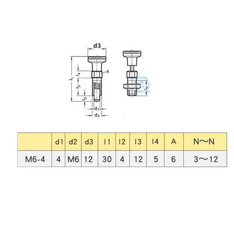 Hella Tough M6 Stainless Steel Spring Return Knurled Thumb Wheel Knob with Heavy Duty Indexing Pin detailed dimensions chart.