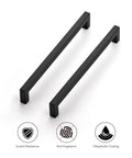 Two matte black cabinet handles, part of a 32 Pack Matte Black Cabinet Handles 8-4/5 Inch Square Pulls For Drawers And Kitchen Cabinets Hardware Set.