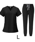 Women's Spa Scrubs Set With Top And Jogging Pants, Machine Washable Nurse Workwear, Super Comfortable Black Uniform, Size L