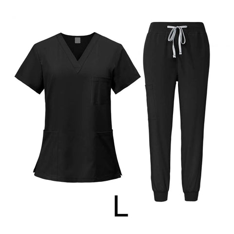 Women's Spa Scrubs Set With Top And Jogging Pants, Machine Washable Nurse Workwear, Super Comfortable Black Uniform, Size L