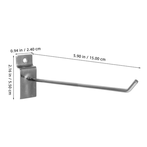 Single iron slatwall hook with dimensions, part of heavy duty 50 pack iron pegboard display hangers for phone accessories.