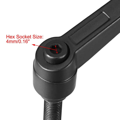 Close-up of Adjustable M8 X 25mm Clamping Lever With Push Button Quick Release and Threaded Male Stud, hex socket 4mm, matte black finish