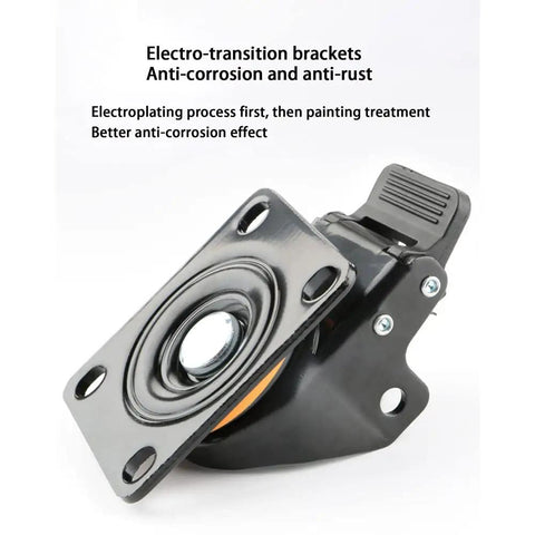 Rock Solid Heavy Duty Swivel Casters With Dual Brake System And Double Bearing Nylon Wheels For Furniture And Industrial Carts showing electro-transition brackets with anti-corrosion treatment.
