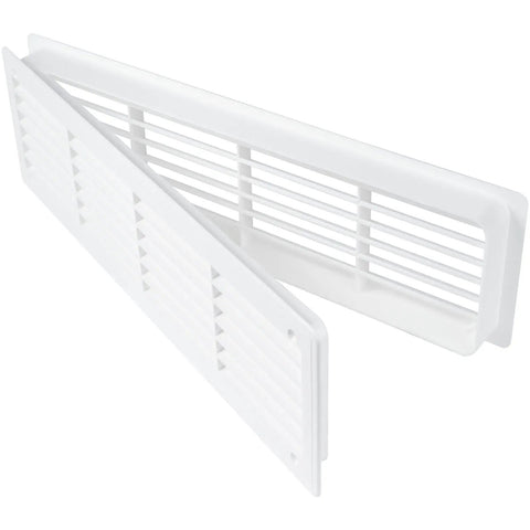 Two Sided White Door Air Vent Cover For Interior Doors 18 Inch By 5 Inch Universal Grille, plastic, showing louvered design.
