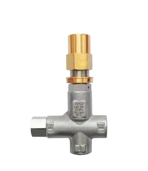 Brass pressure regulator valve mounted on a silver cross-shaped pump housing