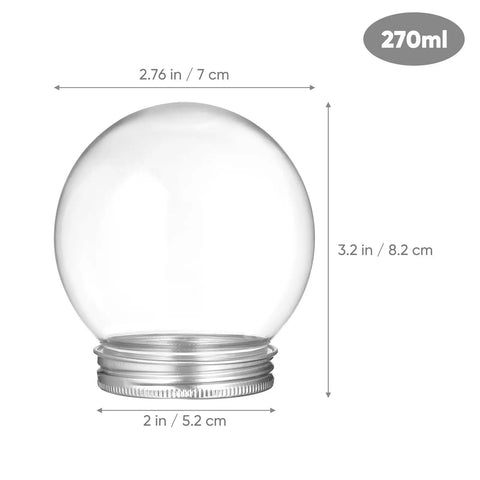DIY Snow Globe Kit With Ten Clear Plastic Water Globes And Screw Off Caps For Easy Fillable Keepsakes, shown with dimensions and volume