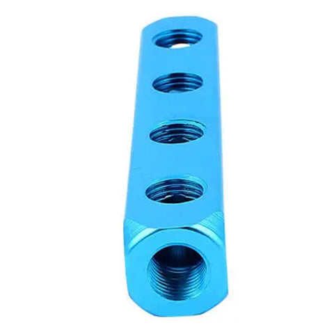 Inline Pneumatic Manifold Block With 7 Ports And 4 Way 1/4BSP Thread Aluminum Blue Finish Ideal For Air Systems And Compressed Air Lines