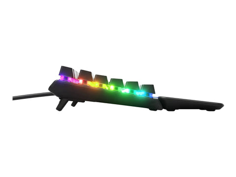 Side view of Top Shelf Mechanical Gaming Keyboard Featuring Heavy Duty Aluminum Chassis and Smart Display with RGB keys.